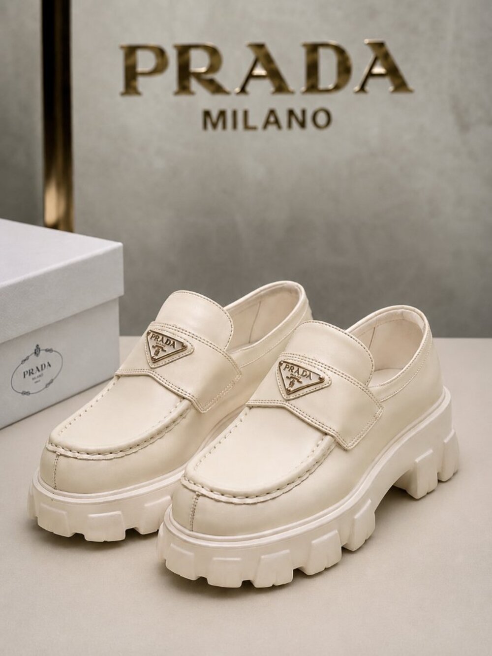 Prada Spazzolato Rois Metal Triangle Logo Monolith Platform Leather Slip-ons